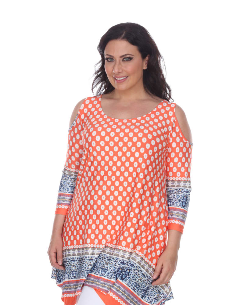 Front of a model wearing a size 2X Antonia Cold Shoulder Tunic in Orange/White by White Mark. | dia_product_style_image_id:246968
